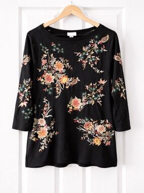 J.Jill Black Embroidered Floral Tunic Top 3/4 Sleeve Boho Relaxed Size Large